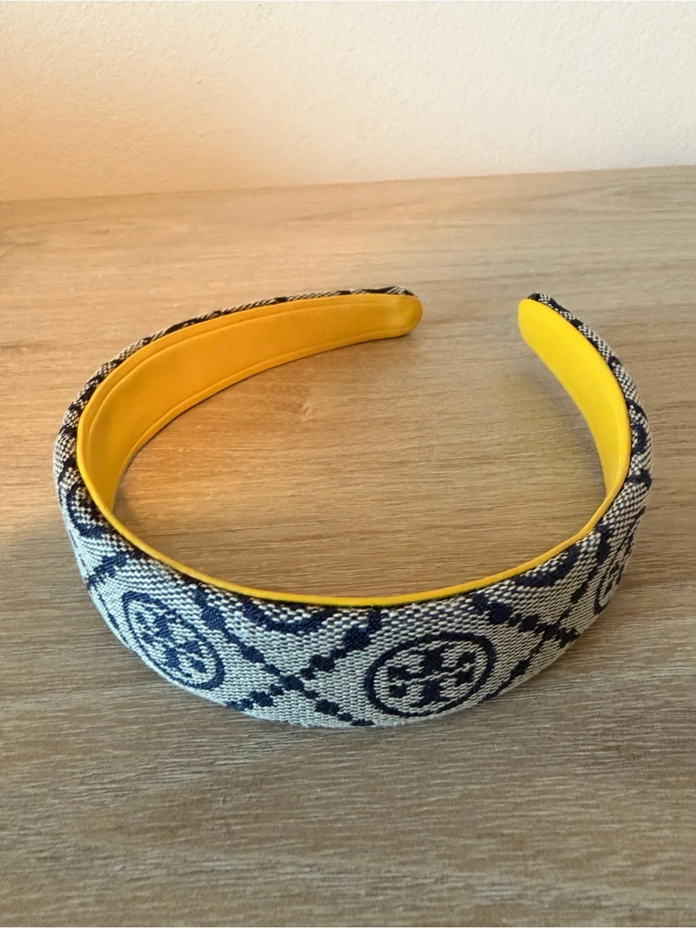 Tory Burch Navy Patterned Headband with Yellow Lining